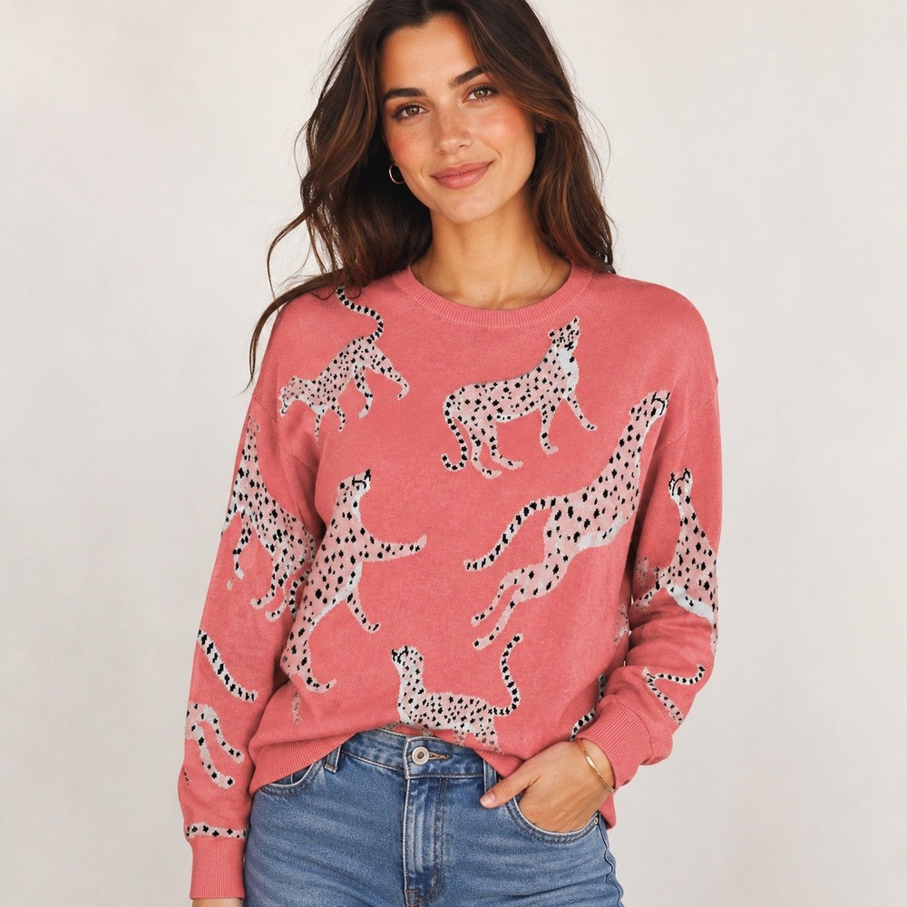 LOFT Coral Pink Cheetah Leopard Cat Sweater Medium Quirky Artsy Eclectic Animal